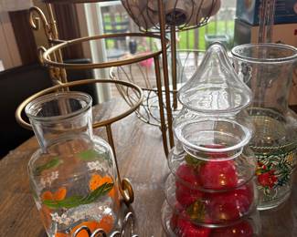 Vintage Juice carafe, Tree stackables, gold plate stacker, wire tier vegetable/fruit/storage basket