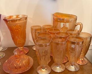 Iris Marigold Glasses and Pitcher Set, Butter dish and Vase
