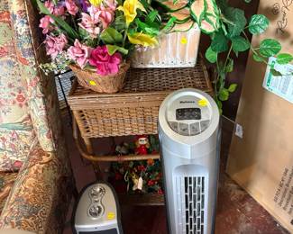 Wicker sewing basket on stand, Fans and heaters