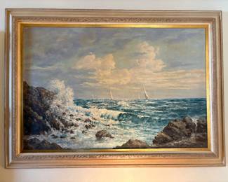 Seascape Painting featuring rocky coast and sailboats on canvase. Artist signature on lower right side
