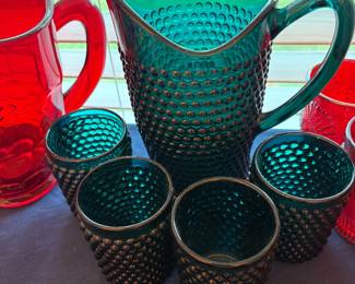 Teal Imperial Glass hobnail pattern bubbled surface pitcher and glasses