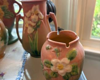 Roseville Pottery vase in the "White Rose" pattern matt pink and green glaze, Roseville Pottery vase frm 1930's molded Iris pattern-salmon pink and gue -green glaze