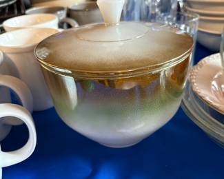 Federal Glass Co casserole dish iridescent green and brown ombre design