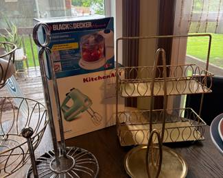 Kitchen Aid Hand Mixer Black & Decker mini food processor, gold counter shelf and paper towel holder, chrome paper towel holder