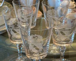 "Merchant" etched water glasses