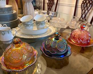 Collection of covered carnival glass Butter Dishes