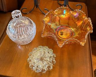 Vintage ashtrays, covered candy dish and Imperial carnival glass bowl marigold
