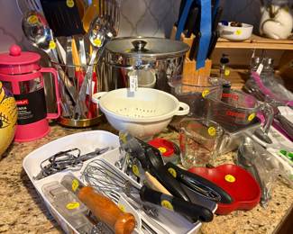 Kitchen Utensils, french press, knives, measuring cups