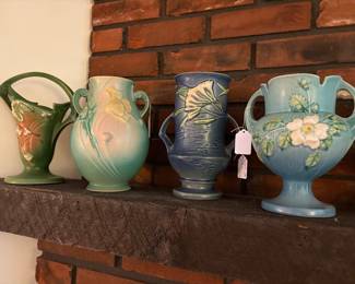 Roseville Freesia pattern circa 1945,Roseville pottery vase from the Poppy patern, Roseville Pottery vase White Rose pattern on Blue Glaze