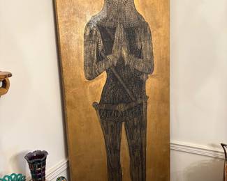 Artwork to be a vintage English brass rubbing of medieval knight in prayer pose