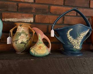 Roseville Magnolia Vase circa 1943, Vintage Roseville Pottery ewer from the Peony pattern line, Roseville Pottery basket from the Foxglove Pattern in dark blue glaze