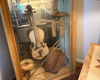 Vintage Shadowbox - crack in mirror of upper right hand corner. Violin and bow, music and shelves for you to add your treasurers