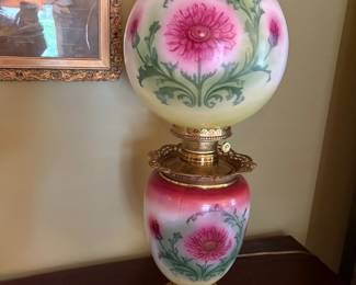 "Gone with the Wind" Style lamp (electric) hand painted shade. Top Globe lights, Aladdin Chimney