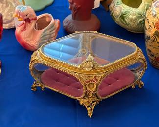 Matson ormolu hinged jewelry box-beveled glass panels and tufted red interior