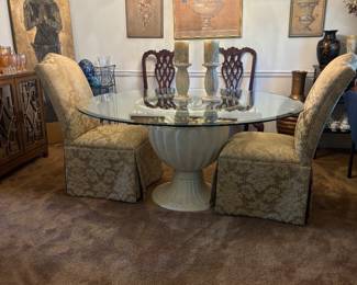 Stunning 60" Beveled Glass Top Table with impressive pedestal Base with Iron filigree band. 2 Parsons Chairs