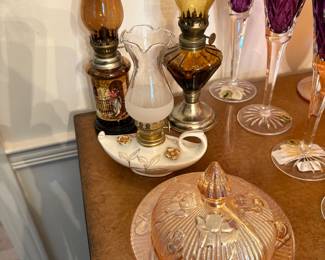 Vintage Jeannette Glass covered buttern dish "Iris and Herringbone pattern,Mini hurrican amber lamp, Vintage Amber mini oil lamp with base featuring imagery 1970's, White ceramic souvenir lamp, styled like an Aladdin Genie Lamp with frosted Chimney