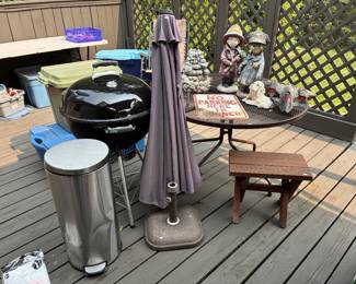 Lidded Trash Can, Outdoor Umbrella, Grill, Outdoor Table, Outdoor Decor