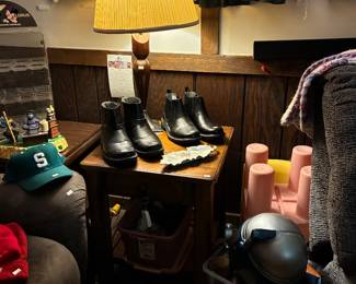 Shoes, Wooden Side Table, Table Lamp