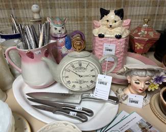 Relpo Lady Head Vase, McCoy Cat Cookie Jar, Swineside Clock Teapot