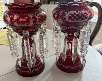 Cranberry glass mantel lusters