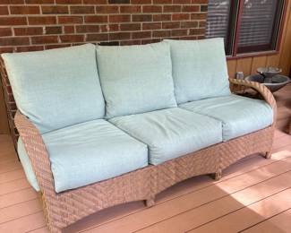 R5 - $600. Ebel Avignon Wicker Outdoor Sofa with cushions. Excellent Condition. Kept on covered screened porch. Measures 76" wide x 35" deep x 33" tall. Floor to seat is 17".