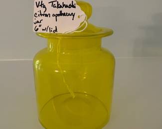 R8 - $40. Vintage Takahashi Apothecary Jar with daisy lid. Citron Yellow. Measures 6" tall to top of lid.