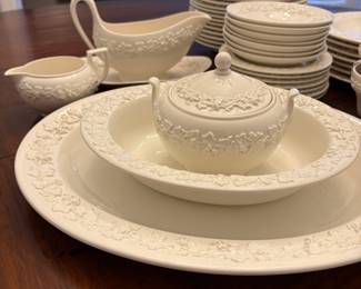 R3 - $150. Wedgwood Embossed Queens Ware Grapevine. Very good condition. 7-10" plates. 13 - 8" plates. 7 - 6" plates. 7 - 5.5" saucers. 5 teacups. 10" serving bowl. 14.5" serving platter. Gravy Boat. Cream & Sugar.