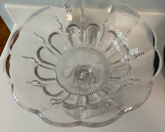 R51 - $12. Vintage Heavy Clear Pressed Glass Pedestal Fruit Bowl Measures 8" tall x 10" wide.