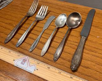 S1 - $3,200 Buy It Today Price. OR highest offer by Friday Morning 9AM. International Sterling "Prelude". 1322 Grams of Sterling + 4 Oz. Knife Handles. 8 - Knives, Spoons, Butter Knives. 2 Soup Spoons. 7 Dinner Forks. 6 Salad Forks. 3 Serving Spoons. STERLING WILL NOT BE AT THE HOME. IT WILL BE SOLD PRIOR TO OPENING.