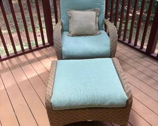R7 - $400. Ebel Avallon Wicker Club Chair & Ottoman. Blue Cushions. Excellent Condition. Chairs measure 30" wide x 26" deep x 34" tall. Floor to seat is 17". Ottoman is 27" wide x 24" x 17" tall.