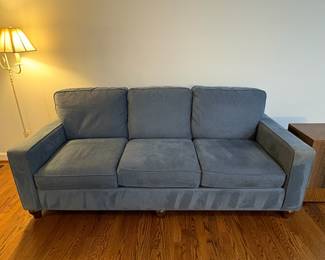 R10 - $300. Bassett Benchmade Blue Sofa 2023. Excellent Condition. Measures 83" x 36" deep x 31" tall. Floor to seat is 18".