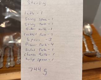 S2 - $1,600. BUY IT TODAY PRICE. Or Highest Offer by Friday 9AM. Sterling. 744 grams. Mostly Monogrammed Sterling Flatware - see photo of piece count. STERLING WILL NOT BE AT THE HOME. IT WILL BE SOLD PRIOR TO SALE OPENING.