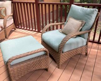 R7 - $400. Ebel Avallon Wicker Club Chair & Ottoman. Blue Cushions. Excellent Condition. Chairs measure 30" wide x 26" deep x 34" tall. Floor to seat is 17". Ottoman is 27" wide x 24" x 17" tall.