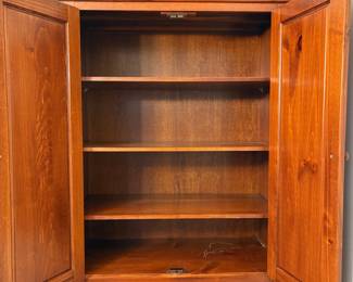 R33 - $100. Vintage Bailey & Sons Mastercraft Cabinet. Solid Pine Hutch. Measures 35" x 17.5" x 72.5" tall. Has a scratch on the inside shelf - see photo and a bit of wear at the handles. Solid piece and sturdy.