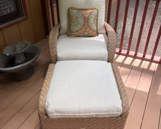 R6 - $400. Ebel Avallon Wicker Club Chair & Ottoman. Cream Cushions. Excellent Condition. Chairs measure 30" wide x 26" deep x 34" tall. Floor to seat is 17". Ottoman is 27" wide x 24" x 17" tall.