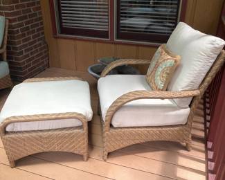 R6 - $400. Ebel Avallon Wicker Club Chair & Ottoman. Cream Cushions. Excellent Condition. Chairs measure 30" wide x 26" deep x 34" tall. Floor to seat is 17". Ottoman is 27" wide x 24" x 17" tall.