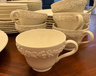 R3 - $150. Wedgwood Embossed Queens Ware Grapevine. Very good condition. 7-10" plates. 13 - 8" plates. 7 - 6" plates. 7 - 5.5" saucers. 5 teacups. 10" serving bowl. 14.5" serving platter. Gravy Boat. Cream & Sugar.