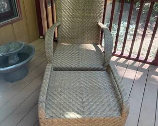 R7 - $400. Ebel Avallon Wicker Club Chair & Ottoman. Blue Cushions. Excellent Condition. Chairs measure 30" wide x 26" deep x 34" tall. Floor to seat is 17". Ottoman is 27" wide x 24" x 17" tall.