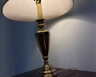 R16 - $50. Pair of Brass Table Lamps. Lamps are in very good condition - shades need replaced. Measures 30" tall.