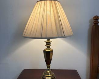 R16 - $50. Pair of Brass Table Lamps. Lamps are in very good condition - shades need replaced. Measures 30" tall.