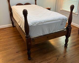 R23 - $50. Wooden Twin Bed Frame. Has some minor damage on the side rails. CLEAN twin mattress & box spring included if you want them!