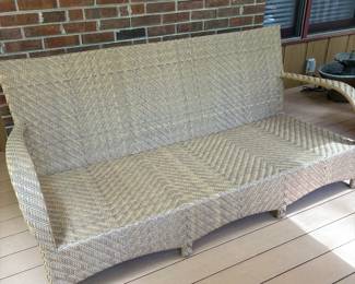 R5 - $600. Ebel Avignon Wicker Outdoor Sofa with cushions. Excellent Condition. Kept on covered screened porch. Measures 76" wide x 35" deep x 33" tall. Floor to seat is 17".