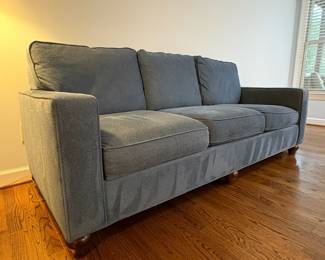 R10 - $300. Bassett Benchmade Blue Sofa 2023. Excellent Condition. Measures 83" x 36" deep x 31" tall. Floor to seat is 18".
