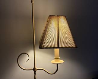 R41 - $40. Cream metal floor lamp. Measures 62.5" tall. Excellent Condition. Shade is good.