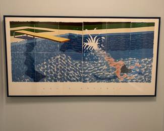 R1 - $75. David Hockney framed print. "A Diver, Paper Pool 18". Measures 39" wide x 20.5" tall.