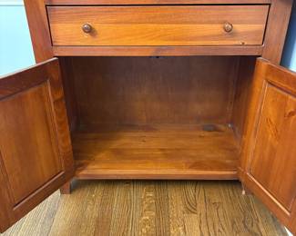 R33 - $100. Vintage Bailey & Sons Mastercraft Cabinet. Solid Pine Hutch. Measures 35" x 17.5" x 72.5" tall. Has a scratch on the inside shelf - see photo and a bit of wear at the handles. Solid piece and sturdy.
