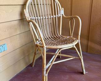 R45 - $60. Vintage Bamboo Armchair. Excellent Condition. Used on a covered front porch - no cushion. 18" wide x 17.5" deep x 37" tall. Floor to seat is 17"