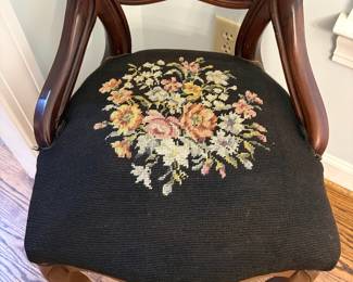 R38 - $40. Antique Chair with embroidered seat. Fair condition - seat is warped, frame is in great shape. Measures 19" wide x 19" deep x 36" tall. Floor to seat is 18".