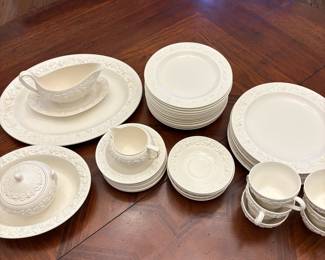 R3 - $150. Wedgwood Embossed Queens Ware Grapevine. Very good condition. 7-10" plates. 13 - 8" plates. 7 - 6" plates. 7 - 5.5" saucers. 5 teacups. 10" serving bowl. 14.5" serving platter. Gravy Boat. Cream & Sugar.