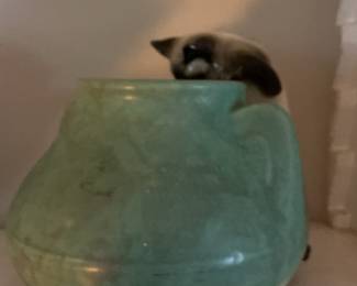 Vintage Brush McCoy Matte Green Fawn Vase with Cat Figurine